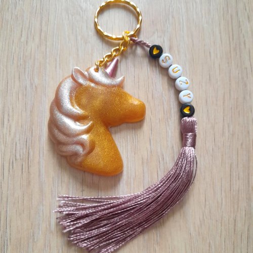 Porte-clé licorne dorée scintillant, personnalisable – prénom au choix – fait main