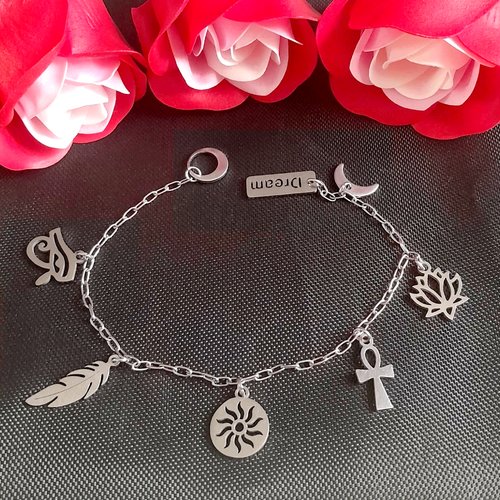 Bracelet mythologie égyptienne - bijou spirituel femme - oeil d'horus, ankh, lotus -acier inoxydable - cadeau symbolique
