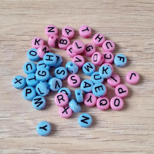 Lot de 52 perles alphabet complet - lettres - rose et bleu - 7x5mm