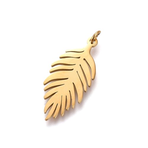 Pendentif feuille de palmier en acier inoxydable doré - breloque bijoux diy, création, boucles d'oreille, bracelet