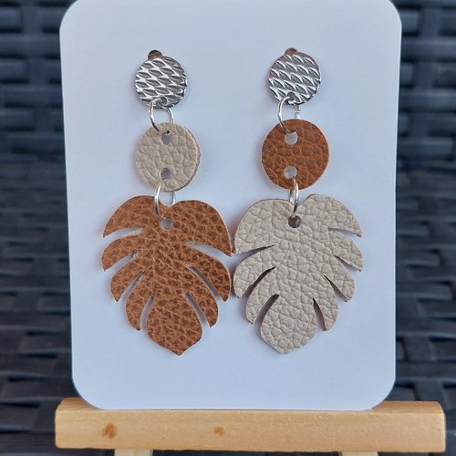 Boucles d'oreilles monstera beige et marron