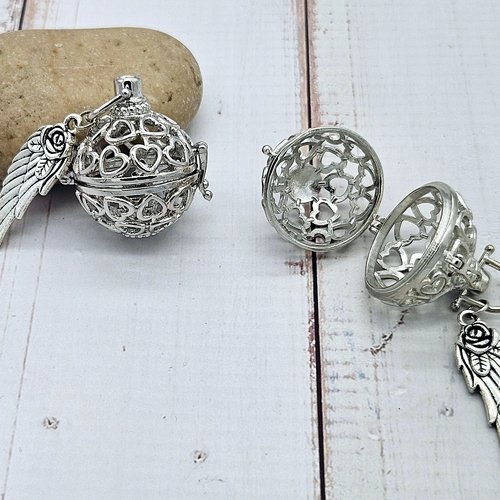 2 cages coeurs avec breloque aile pour création bolas de grosesse
