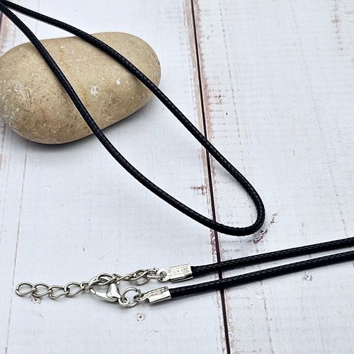 10 colliers coton ciré noir 47cm avec fermoir et chaînette