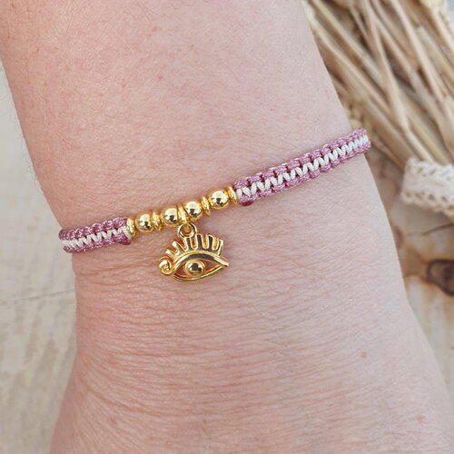 Bracelet réglable en cordon macramé tressé avec breloque œil porte-bonheur dorée