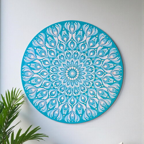 Grand tableau en bois mandala 55 cm – œuvre murale bohème turquoise et blanc nacré – décoration zen – pièce unique