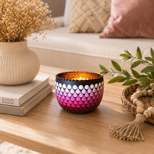 Bougeoir mandala rose & fuchsia en métal – peint à la main