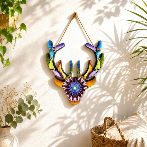 Tête de renne - décoration murale en bois – art nature & mandala – pièce unique