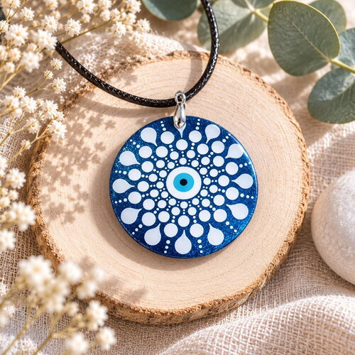 Collier mandala en bois avec œil grec bleu – peint à la main