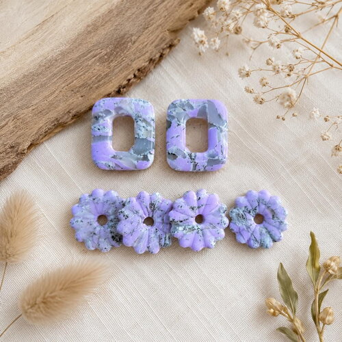 Pampilles marbrées violet, argenté & blanc – argile polymère – fait main