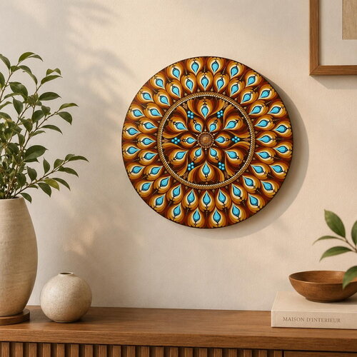 Tableau mandala mural 30 cm – terracotta & turquoise – fait main