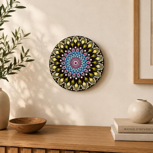 Tableau mandala mural 30 cm – turquoise, vert & prune – peint à la main
