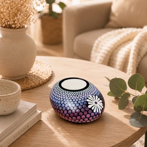 Bougeoir galet mandala bleu, violet & bordeaux – plâtre résine peint à la main