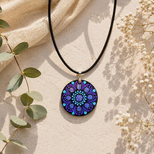Collier mandala violet pailleté & bleu ciel en bois – peint à la main