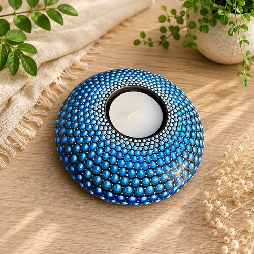 Bougeoir mandala bleu en plâtre résine – peint à la main
