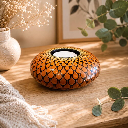 Bougeoir mandala orange & marron en plâtre résine – peint à la main