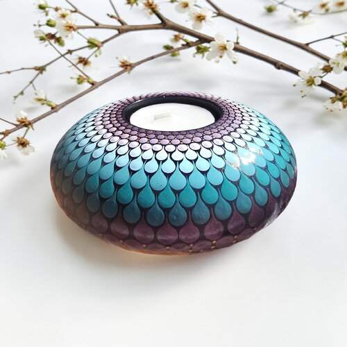 Bougeoir mandala bleu, vert d’eau & violet en plâtre résine – peint à la main