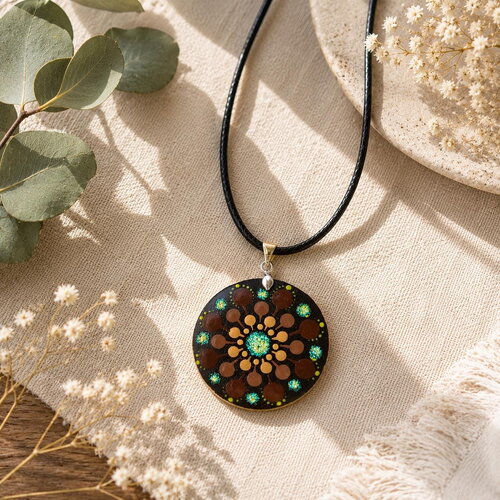 Collier mandala marron, jaune & vert pailleté en bois – peint à la main