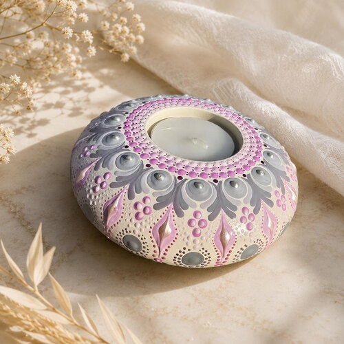 Bougeoir mandala gris & rose en plâtre résine – peint à la main