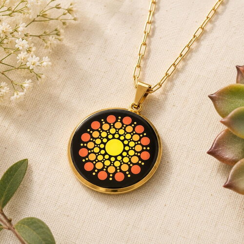 Collier mandala doré & orange en acier inoxydable – peint à la main