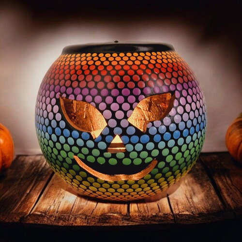 Bougeoir citrouille halloween en plâtre – pointillisme multicolore peint à la main