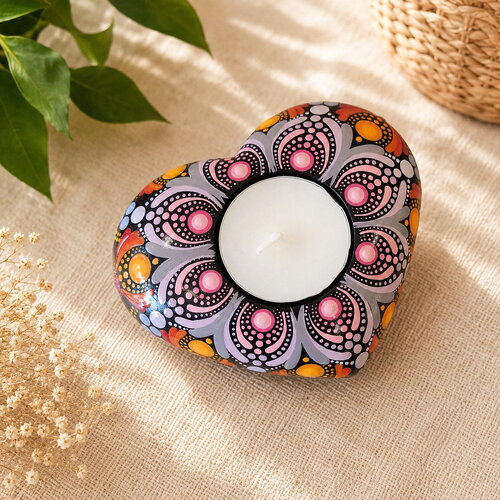 Bougeoir cœur mandala en plâtre résine – orange, rose & mauve – peint à la main