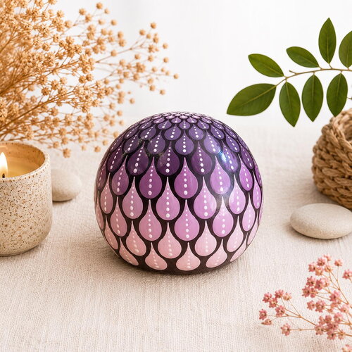 Sphère de méditation mandala prune & noir – peinte à la main