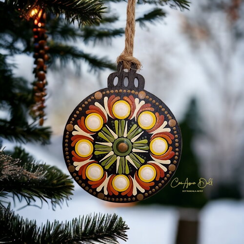 Boule de noël plate en bois – mandalas double face peints à la main