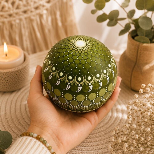 Sphère de méditation mandala verte & blanche – peinte à la main