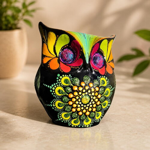 Hibou décoratif en plâtre résine – mandala peint à la main