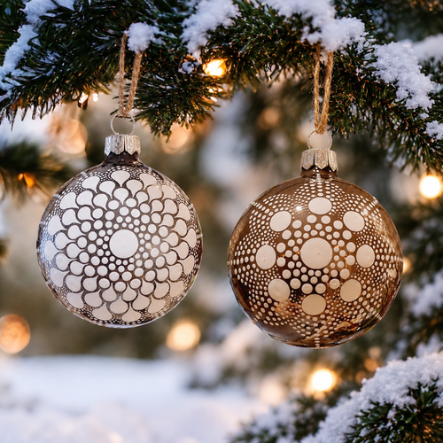 Boule de noël taupe en verre 7 cm – mandala blanc peint à la main