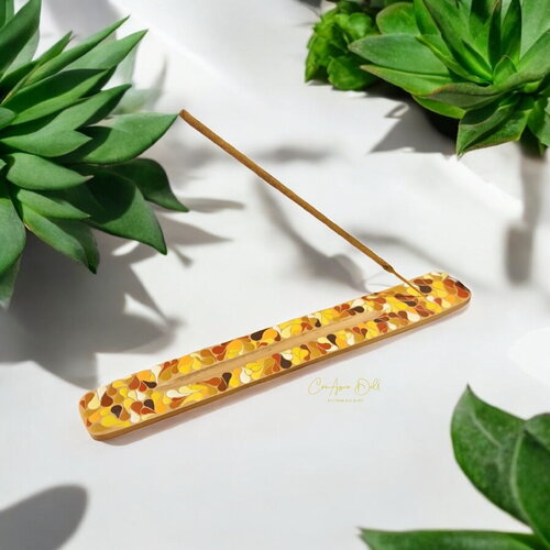 Porte-encens en bois mandala orange & marron – peint à la main