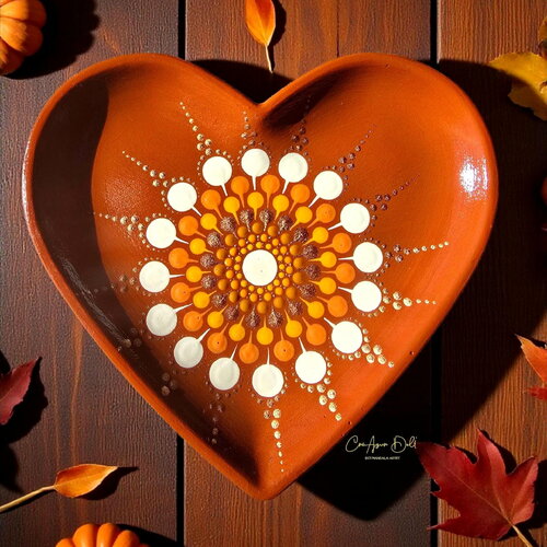 Coupelle cœur terre cuite – mandala crème, orange & doré – vide-poche artisanal