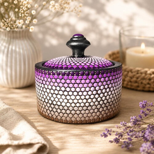 Boîte ronde en bois – mandala violet & taupe peint à la main - boîte à bijoux