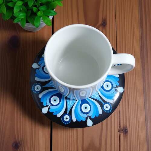 Dessous de verre mandala bleu & blanc – peint à la main