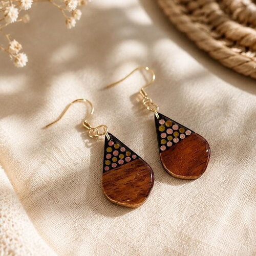 Boucles d’oreilles gouttes en bois – rose métallisé & bronze peintes à la main