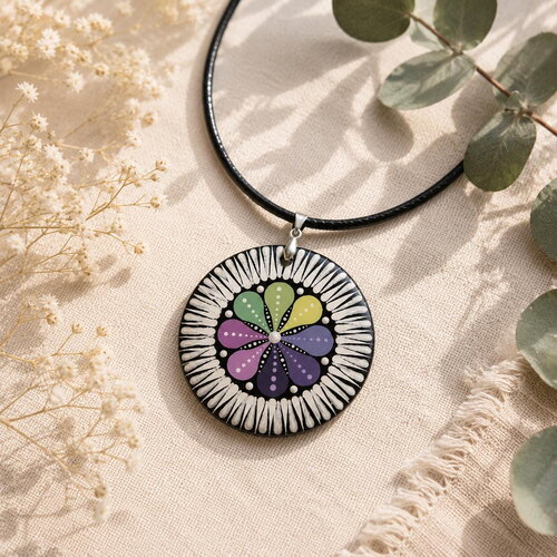 Collier mandala en bois 5 cm – peint à la main & résine époxy – pièce unique