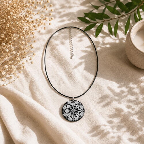 Collier mandala gris métallisé en bois – pendentif 5 cm peint à la main
