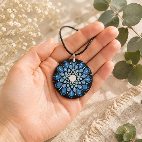 Collier mandala bleu et blanc en bois – pendentif 5 cm peint à la main