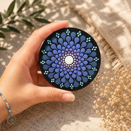 Miroir de poche en bois – mandala violet & vert d'eau peint à la main