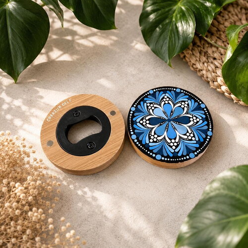 Décapsuleur aimanté en bambou – mandala bleu & blanc peint à la main
