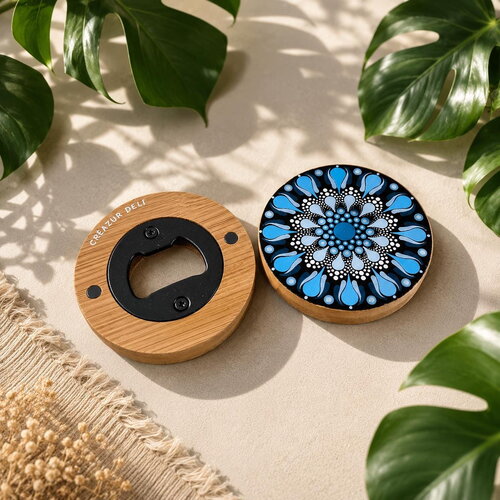 Décapsuleur aimanté en bambou – mandala bleu, blanc & noir peint à la main