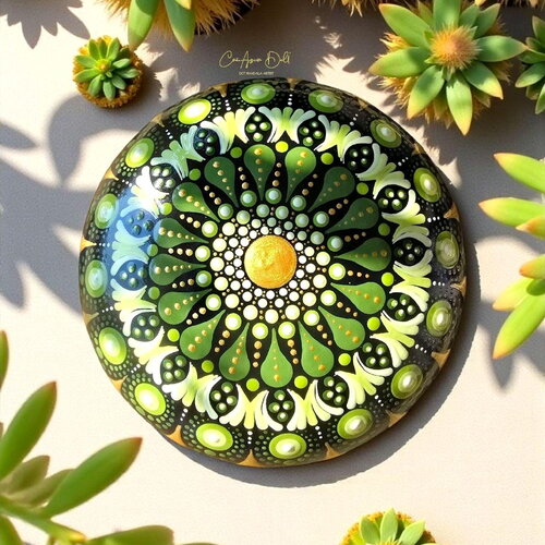 Pierre de méditation mandala verte & dorée – peinte à la main