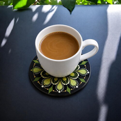 Dessous de verre mandala vert & doré – peint à la main