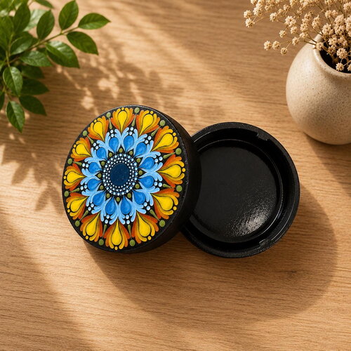 Cendrier en bois noir mandala multicolore – peint à la main