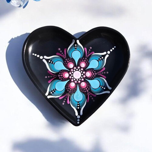 Coupelle cœur noire – mandala bleu & fuchsia - vide-poche artisanal