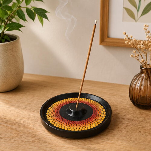 Porte-encens rond mandala orange – peint à la main en dot painting