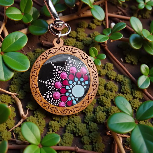 Porte-clés en bois mandala bleu & fuchsia – peint à la main