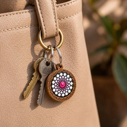 Porte-clés en bois mandala fuchsia & doré – peint à la main