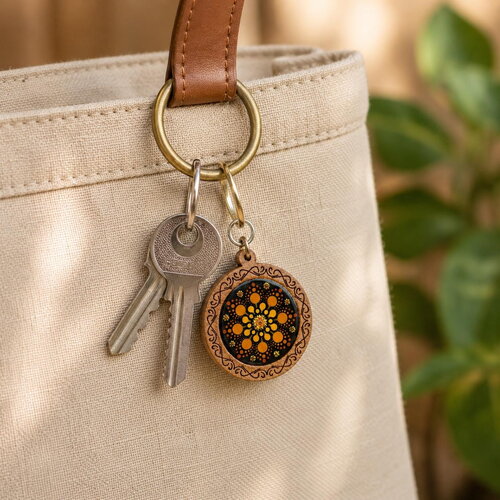 Porte-clés en bois mandala orange & jaune pailleté – peint à la main