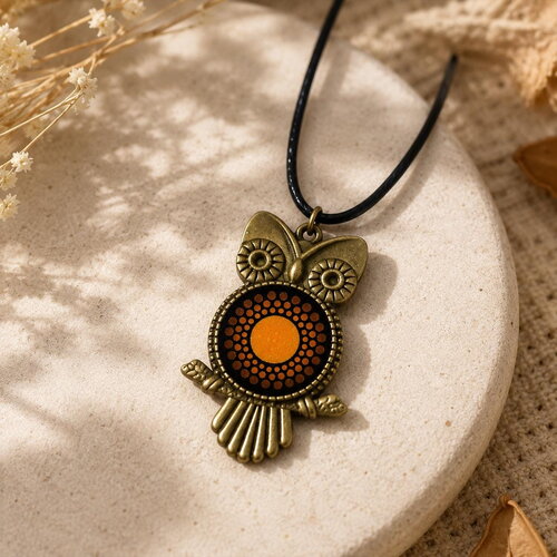 Collier hibou bronze avec mandala peint à la main – bijou artisanal